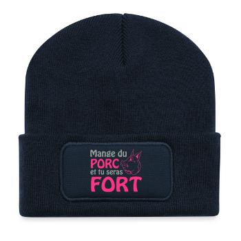 Mange du porc et tu seras fort - Beanie recyclé à patch - bleu marine - Devant