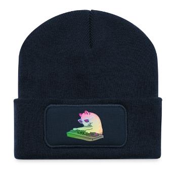 Rainbow DJ Kitty - dj cat - Recycled Patch Beanie - french navy - Front