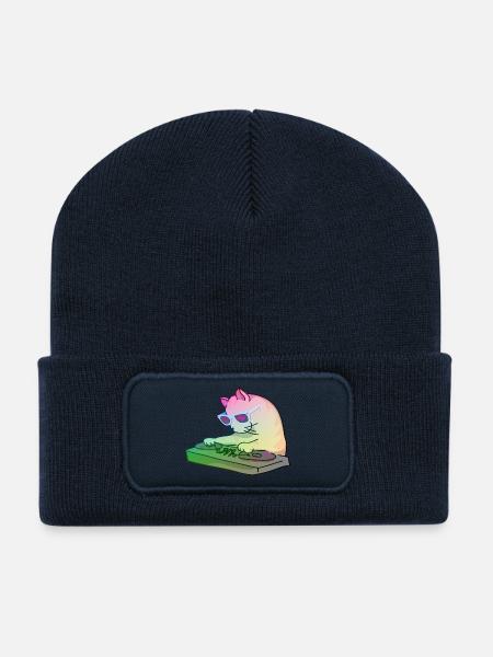 Rainbow DJ Kitty - dj cat - Recycled Patch Beanie - french navy