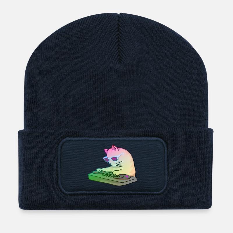 Rainbow DJ Kitty - dj cat - Recycled Patch Beanie - french navy