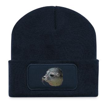 Gros plan du portrait du phoque - Beanie recyclé à patch - bleu marine - Devant