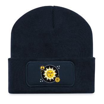 Sonne & Mond / Friedenszeichen Heilige Geometrie - Recycelte Patch Beanie - French Navy - Vorne