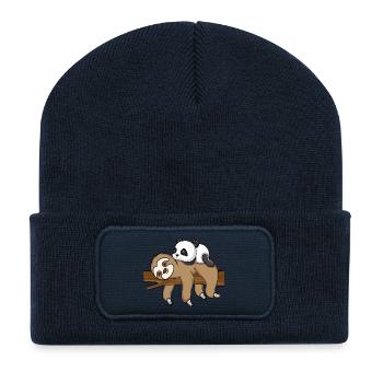 Sloth And Panda Süßes Tier Design - Recycelte Patch Beanie - French Navy - Vorne