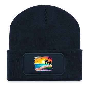 Summer Sunset Beach Watercolor - Recycled Patch Beanie - french navy - Front