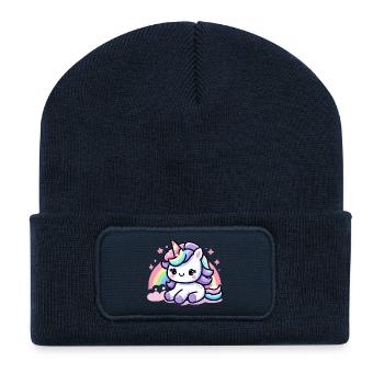 Cute Rainbow Unicorn Illustration - Recycled Patch Beanie - french navy - Front