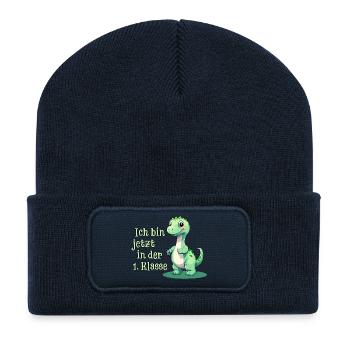 Premier jour d’école avec Baby Dino - Beanie recyclé à patch - bleu marine - Devant
