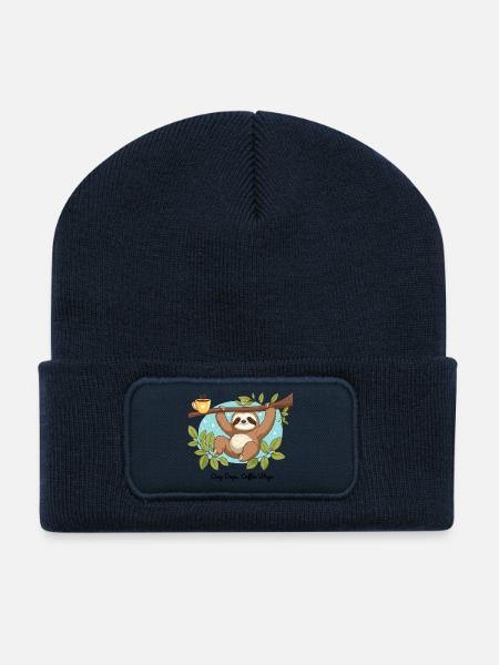 Journées de farniente, méthodes de café – Paresseux - Beanie recyclé à patch - bleu marine