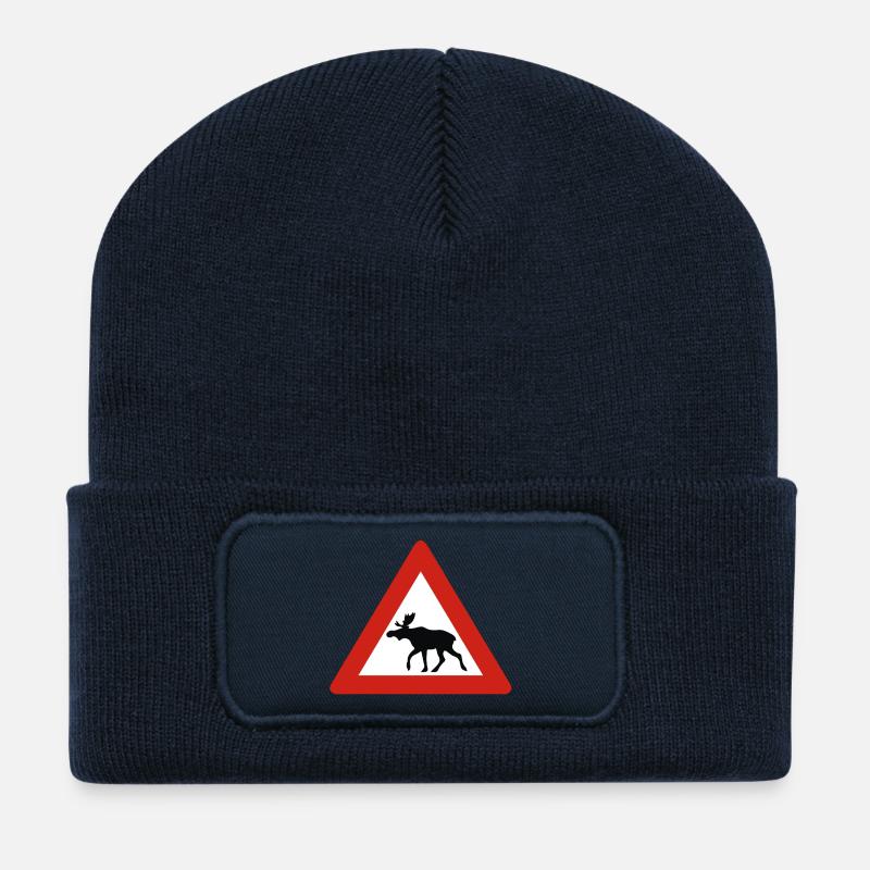 Norvège - Attention Orignal - Panneau d’avertissement - Beanie recyclé à patch - bleu marine