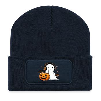 cool ghost with headphones and halloween pumpkin - Recycled Patch Beanie - french navy - Front