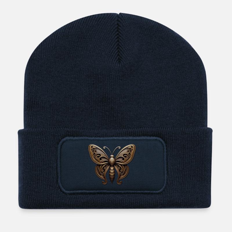Steampunk Butterfly Ornament - Recycled Patch Beanie - french navy