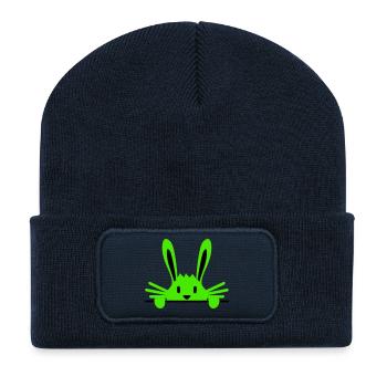 Lapin se cachant timidement derrière une clôture murale - Beanie recyclé à patch - bleu marine - Devant