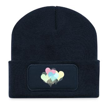 De nombreux cœurs colorés avec des rayures à pois - Beanie recyclé à patch - bleu marine - Devant