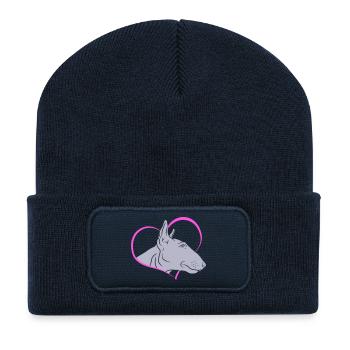 La tête du bull terrier dans le cœur - Beanie recyclé à patch - bleu marine - Devant