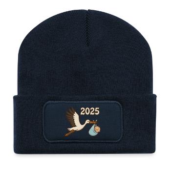 Storch mit Findelkind im Schnabel 2025 - Recycelte Patch Beanie - French Navy - Vorne