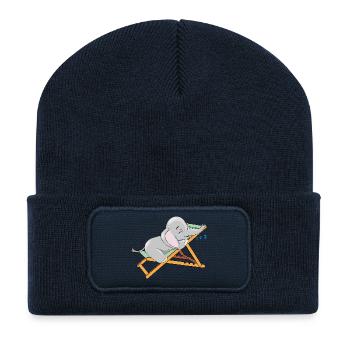 Baby elephant is sleeping on the deck chair - Recycled Patch Beanie - french navy - Front
