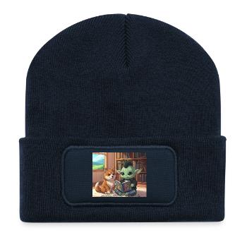 Mischender Kobold mit Hund im Bücherzimmer - Recycelte Patch Beanie - French Navy - Vorne
