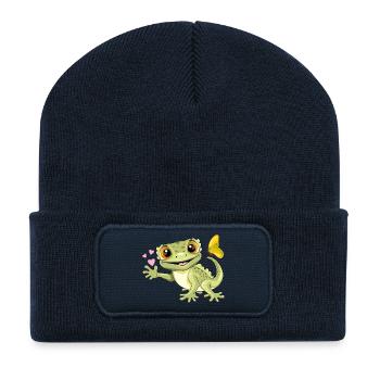 Lustiger lächelnder Gecko mit Schmetterling und Herzen - Recycelte Patch Beanie - French Navy - Vorne
