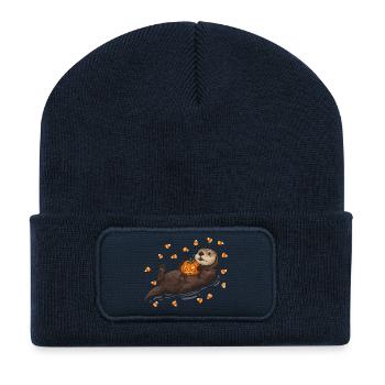 Verspielter Otter mit Kürbis - Recycelte Patch Beanie - French Navy - Vorne