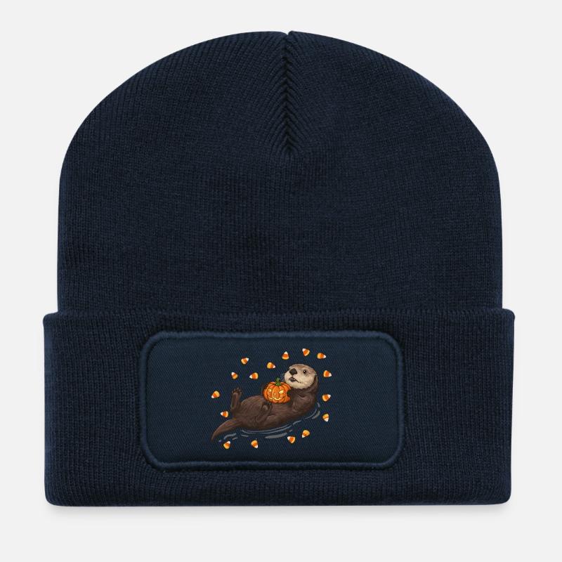 Verspielter Otter mit Kürbis - Recycelte Patch Beanie - French Navy