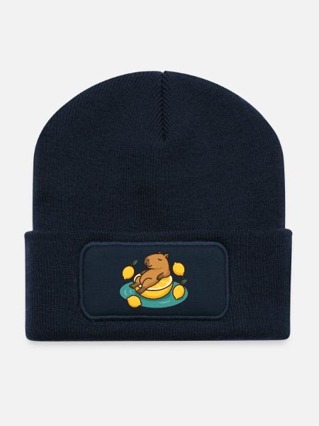 Chillendes Capybara auf Zitrone Cartoon - Recycelte Patch Beanie - French Navy
