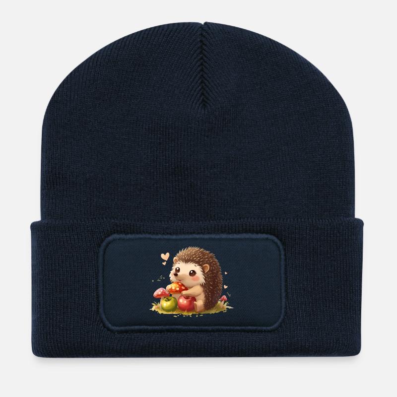 Süßer Igel mit Pilzen und Äpfel - Recycelte Patch Beanie - French Navy
