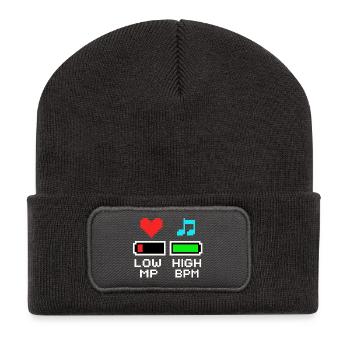NIEDRIGE MP HOHE BPM Pixel Art Gaming Musik - Recycelte Patch Beanie - Dunkelgrau - Vorne