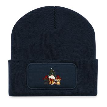 Katze mit Wichtel   - Recycelte Patch Beanie - French Navy - Vorne