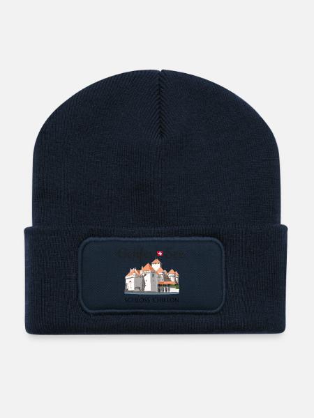 Genfersee Schloss Chillon, Schweiz Handzeichnung - Recycelte Patch Beanie - French Navy