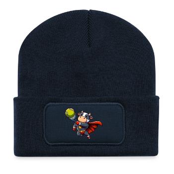 Superhelden Kuh Beim Tennis Mit Schlaeger - Recycelte Patch Beanie - French Navy - Vorne