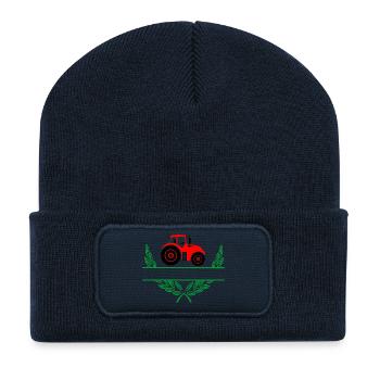 Roter Traktor mit Namensraum - Recycelte Patch Beanie - French Navy - Vorne