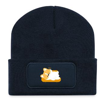 Corgi fatigué sur un canapé ensoleillé - Beanie recyclé à patch - bleu marine - Devant