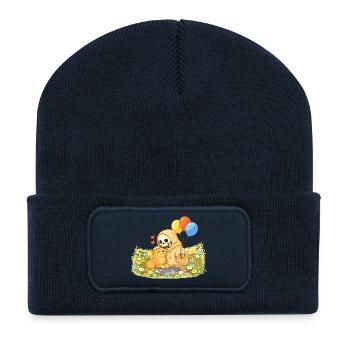 Cozy skeleton with cat on flower meadow - Recycled Patch Beanie - french navy - Front