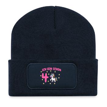 Ich bin Schon Vier Unicorn Geburtstag - Recycelte Patch Beanie - French Navy - Vorne