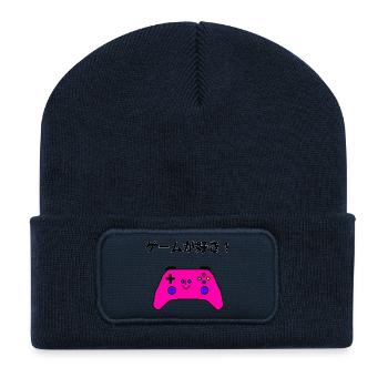 Manette de jeux kawaii « J'aime les jeux ! »  - Beanie recyclé à patch - bleu marine - Devant