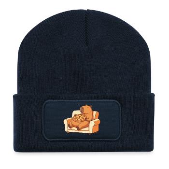 Pizza Capybara auf dem Sofa - Recycelte Patch Beanie - French Navy - Vorne