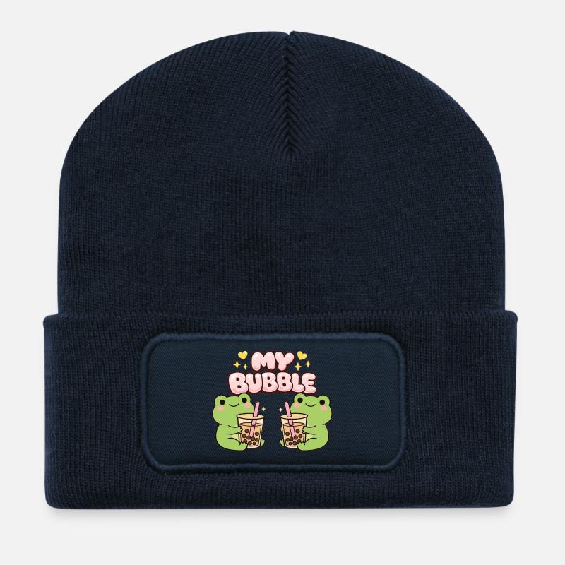 Kawaii Bubble T-Frogs – Cute Frog Duo (MBT) - Recycled Patch Beanie - french navy