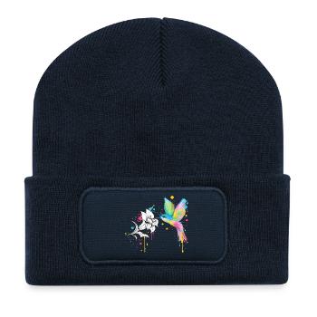 Bunter Kolibri mit Blüte – Graffiti Stil - Recycelte Patch Beanie - French Navy - Vorne