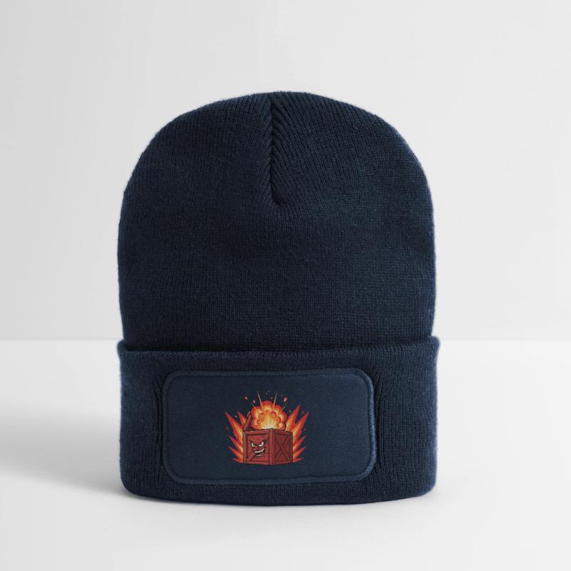 Exploding wooden box with a grim face Recycled Patch Beanie