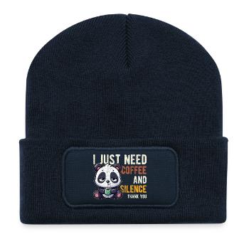 Ich brauche nur Kaffee und Panda zum Schweigen Lustig - Recycelte Patch Beanie - French Navy - Vorne