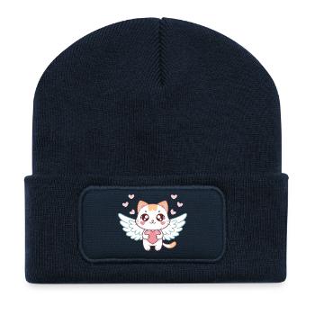 Pastel Heart Angel Cat - Recycled Patch Beanie - french navy - Front