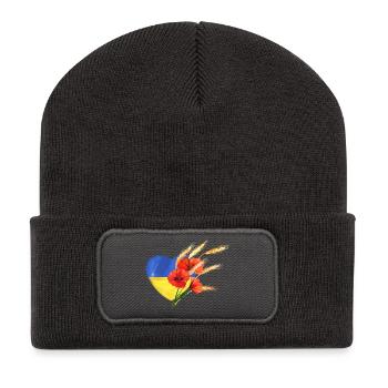 Herz der Ukraine - Mohnblumen & Goldener Weizen - Recycelte Patch Beanie - Dunkelgrau - Vorne