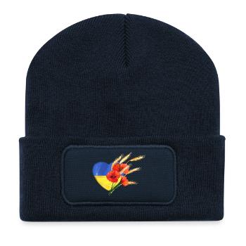 Cœur de l’Ukraine - Pavots et blé doré - Beanie recyclé à patch - bleu marine - Devant