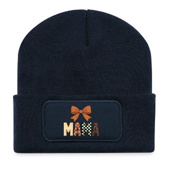 Colorful Playful MAMA Text with Girly Bow - Recycled Patch Beanie - french navy - Front
