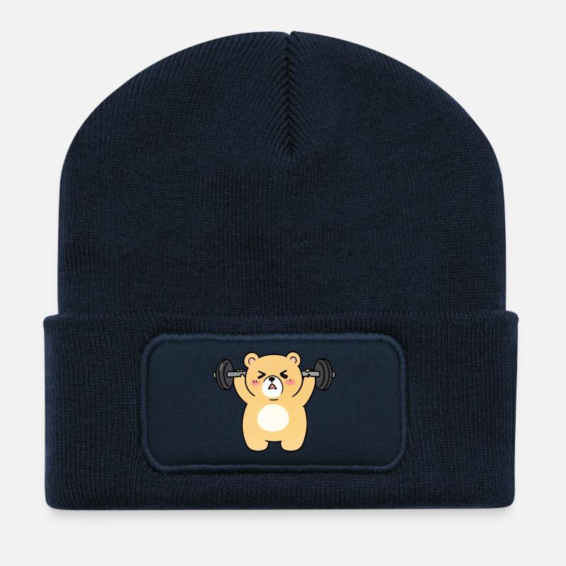Kawaii Bear Lifts Weights - Recycled Patch Beanie - french navy