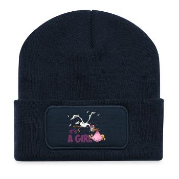 Stork with baby girl; "It's a Girl" - Recycled Patch Beanie - french navy - Front