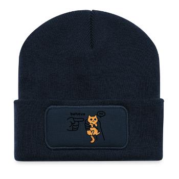Kleine Katze in großen Händen – frech süß - Recycelte Patch Beanie - French Navy - Vorne