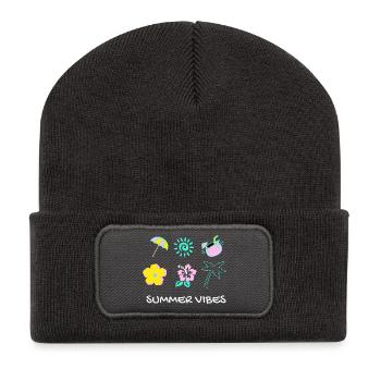Pastell-Sommerstimmung: Palmen und Blumen - Recycelte Patch Beanie - Dunkelgrau - Vorne