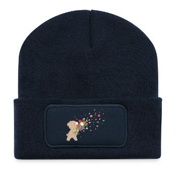 Süßer Bär mit Blumenstrauß Motiv  - Recycelte Patch Beanie - French Navy - Vorne