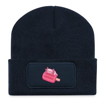 Mignon axolotl qui se détend sur de la glace rouge - Beanie recyclé à patch - bleu marine - Devant