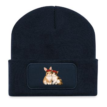 Kaninchen und Katze - Recycelte Patch Beanie - French Navy - Vorne
